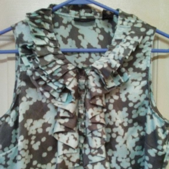 New York & Co. Blue & Brown Ruffly Button Up Top - Picture 2 of 6